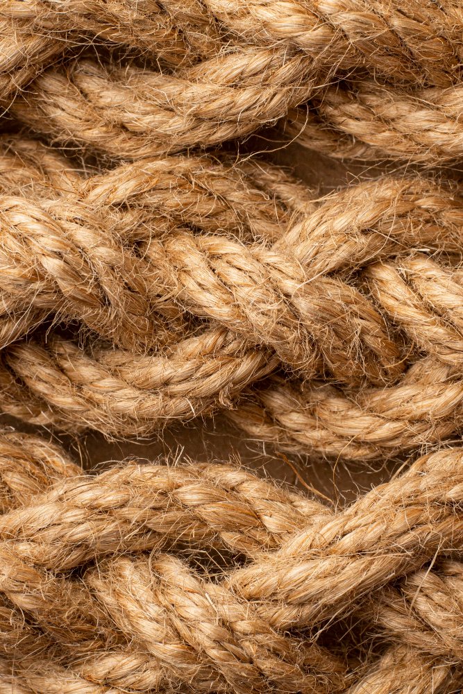 "Close-up top view of assorted rope textures."